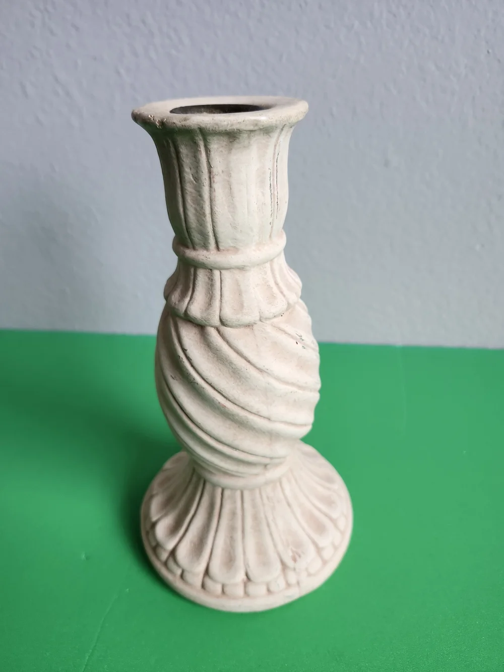 Vintage  Distressed Ceramic Spiral Twist Candlestick Holder Terracotta Brass
